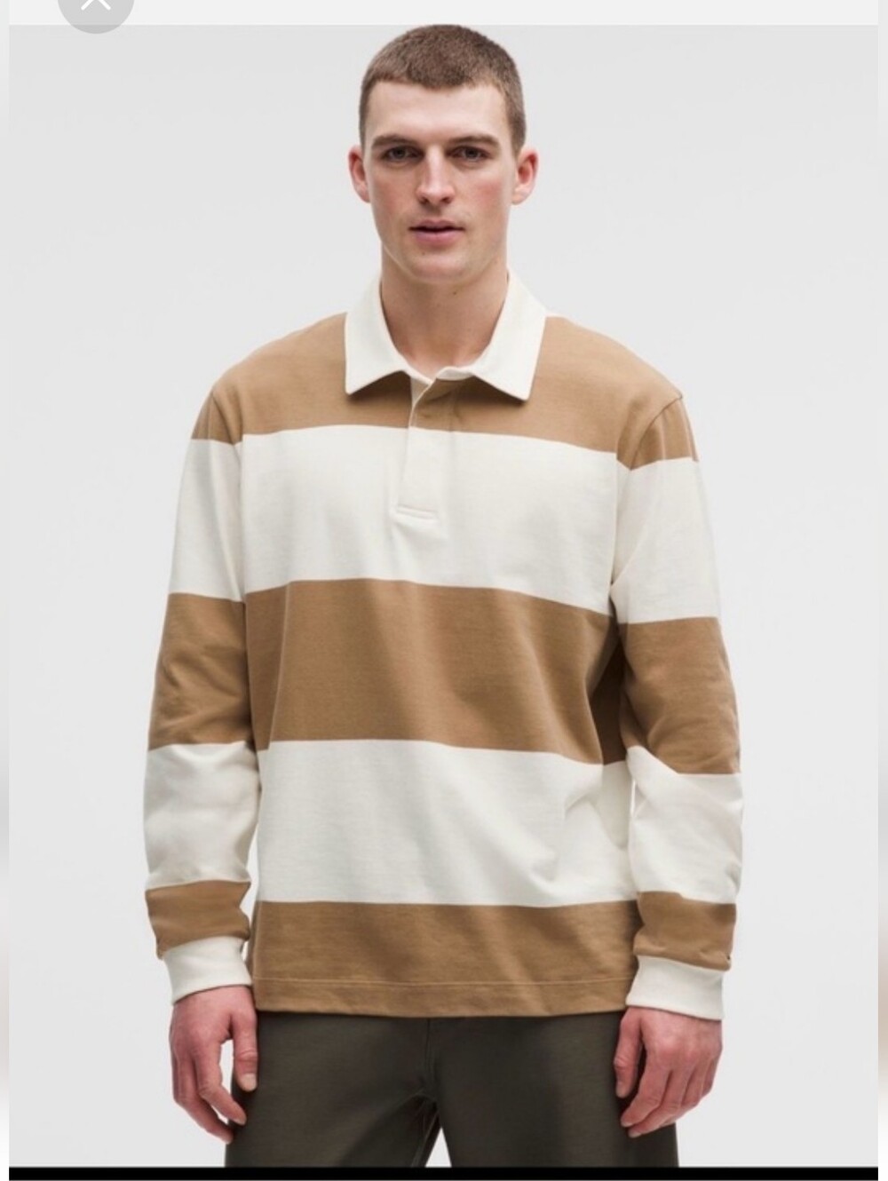 NWT Lululemon Men's Striped Rugby Polo Shirt in Tan and White Size M